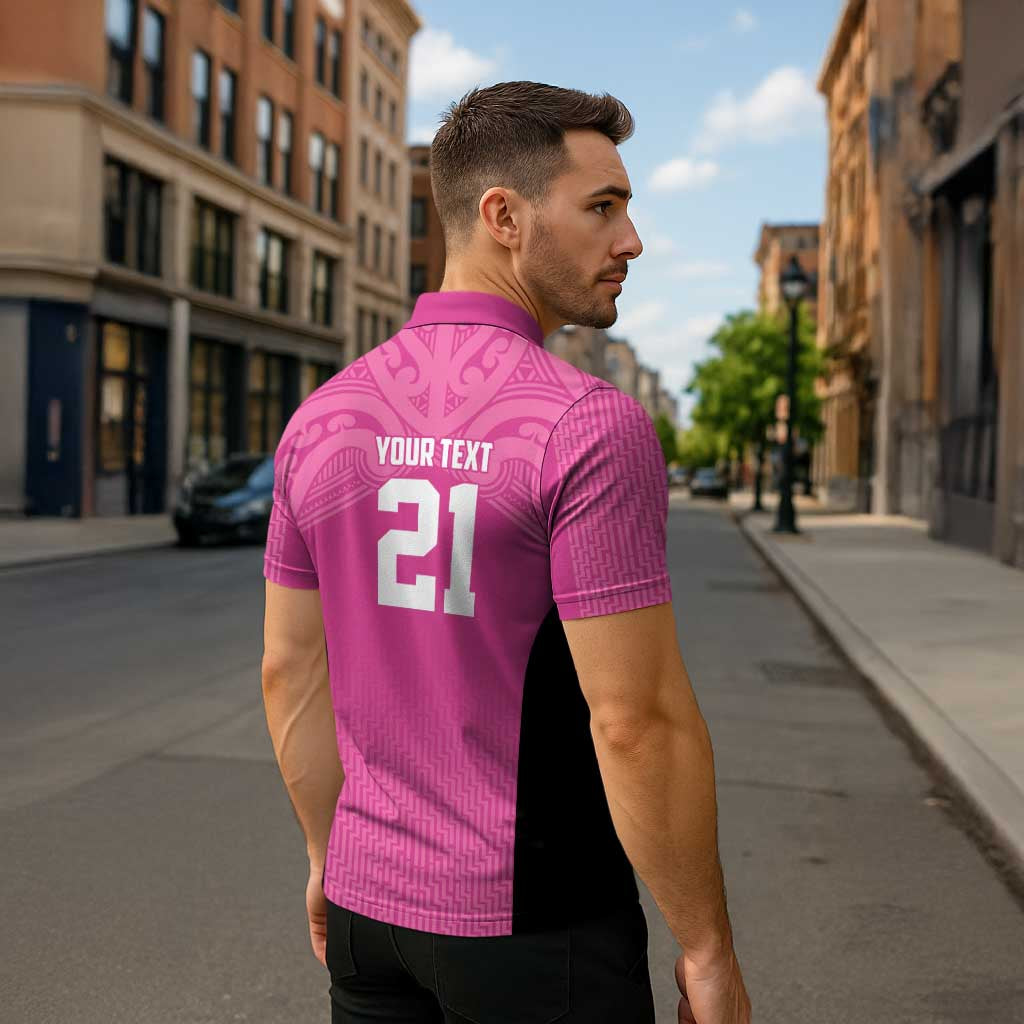 New Zealand Custom Zipper Polo Shirt Fire Basketball Maori Tribal Pink - Polynesian Pride