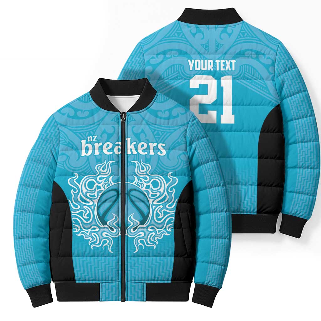 New Zealand Custom Bomber Puffer Jacket Fire Basketball Maori Tribal Sky Blue - Polynesian Pride