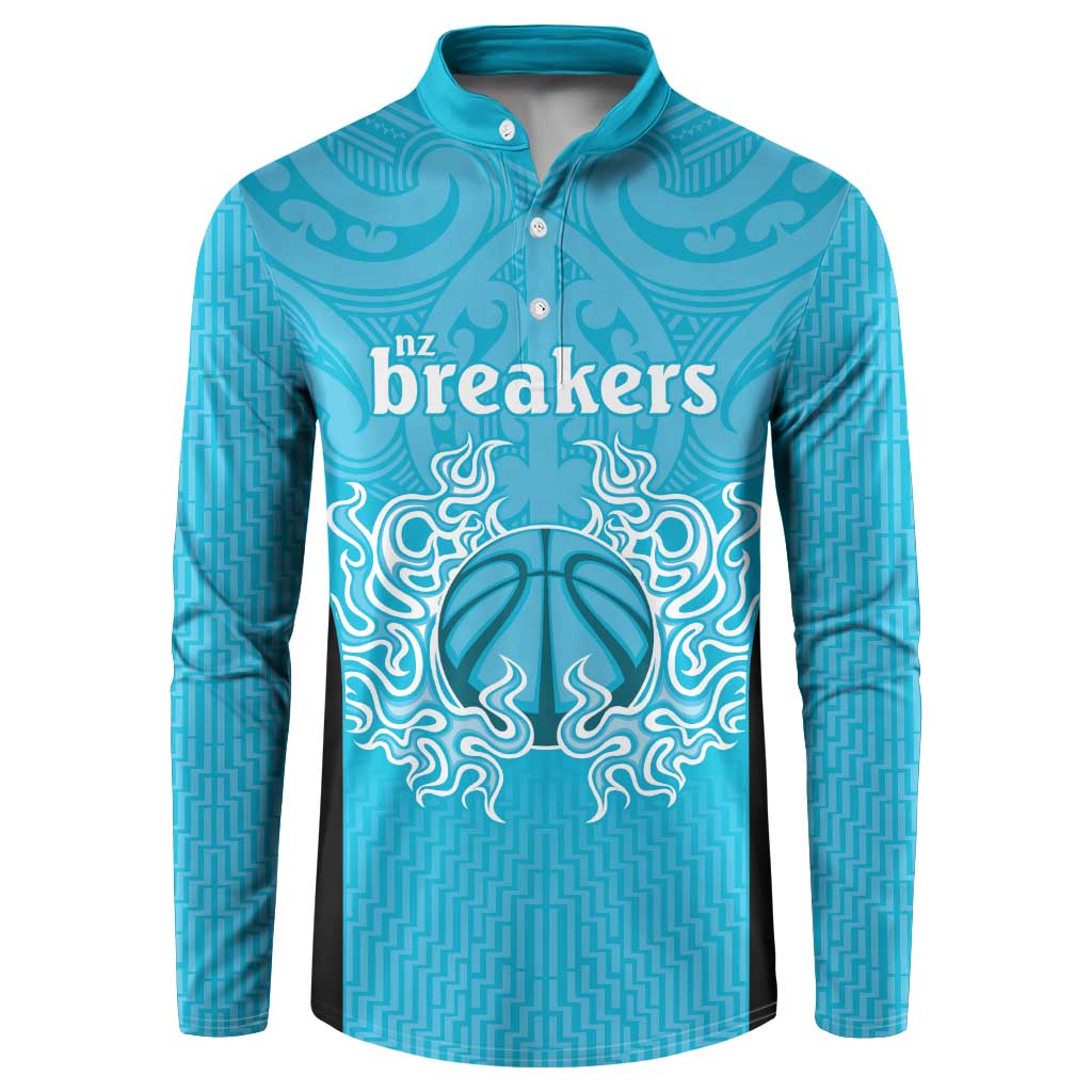 New Zealand Custom Button Sweatshirt Fire Basketball Maori Tribal Sky Blue - Polynesian Pride