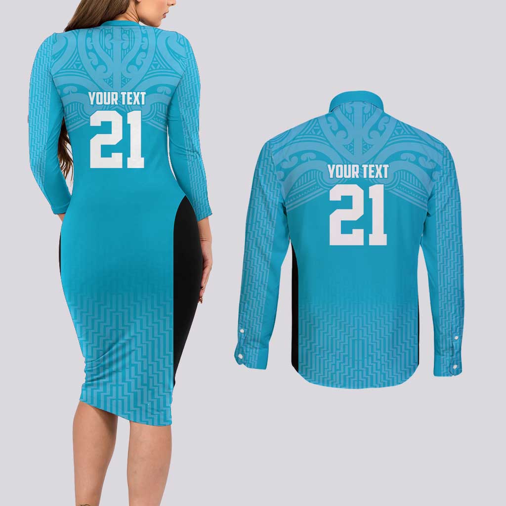 New Zealand Custom Couples Matching Long Sleeve Bodycon Dress and Long Sleeve Button Shirt Fire Basketball Maori Tribal Sky Blue - Polynesian Pride