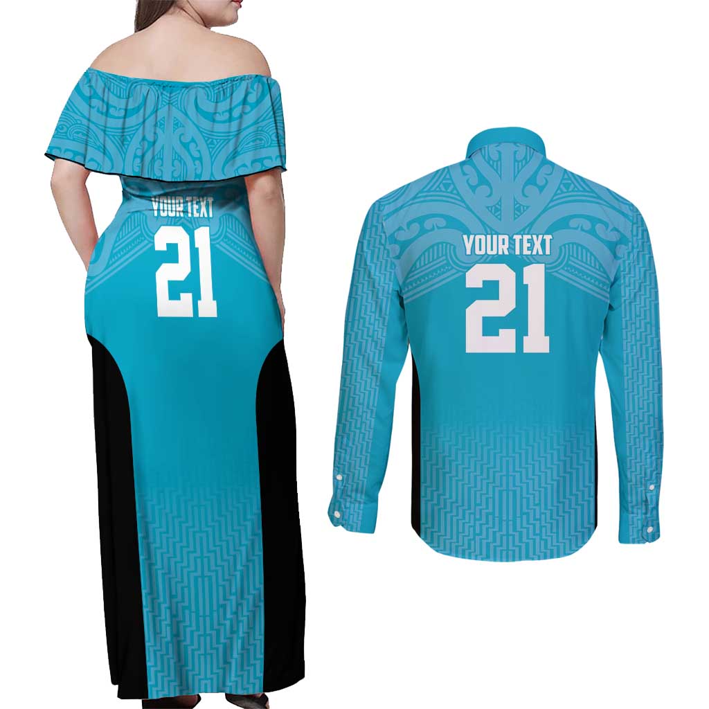 New Zealand Custom Couples Matching Off Shoulder Maxi Dress and Long Sleeve Button Shirt Fire Basketball Maori Tribal Sky Blue - Polynesian Pride