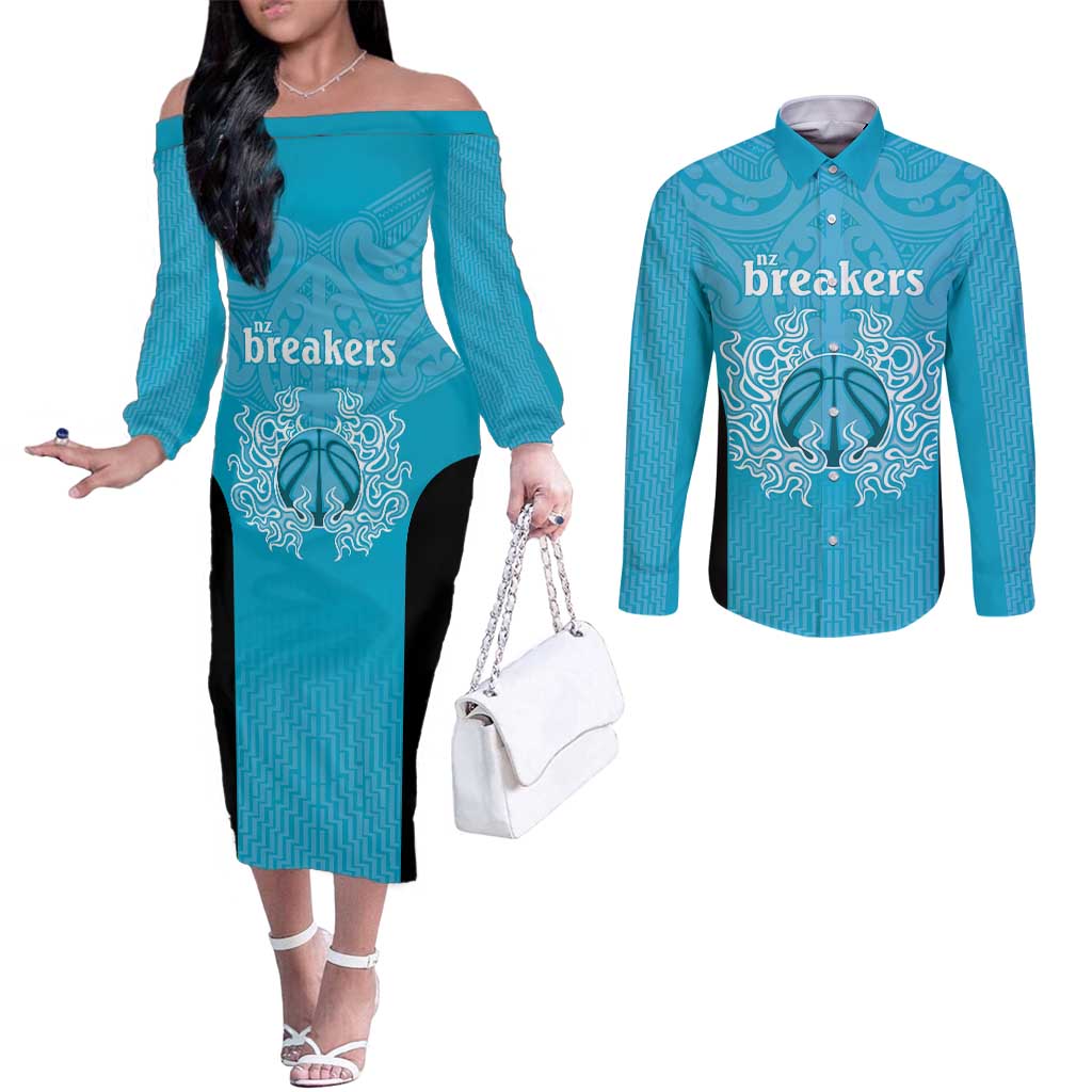New Zealand Custom Couples Matching Off The Shoulder Long Sleeve Dress and Long Sleeve Button Shirt Fire Basketball Maori Tribal Sky Blue - Polynesian Pride