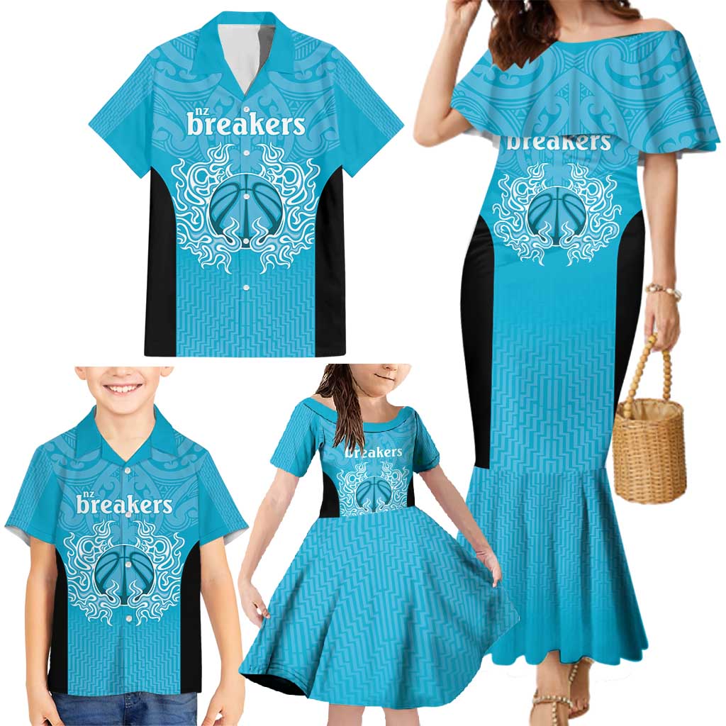New Zealand Custom Family Matching Mermaid Dress and Hawaiian Shirt Fire Basketball Maori Tribal Sky Blue LT9 - Polynesian Pride
