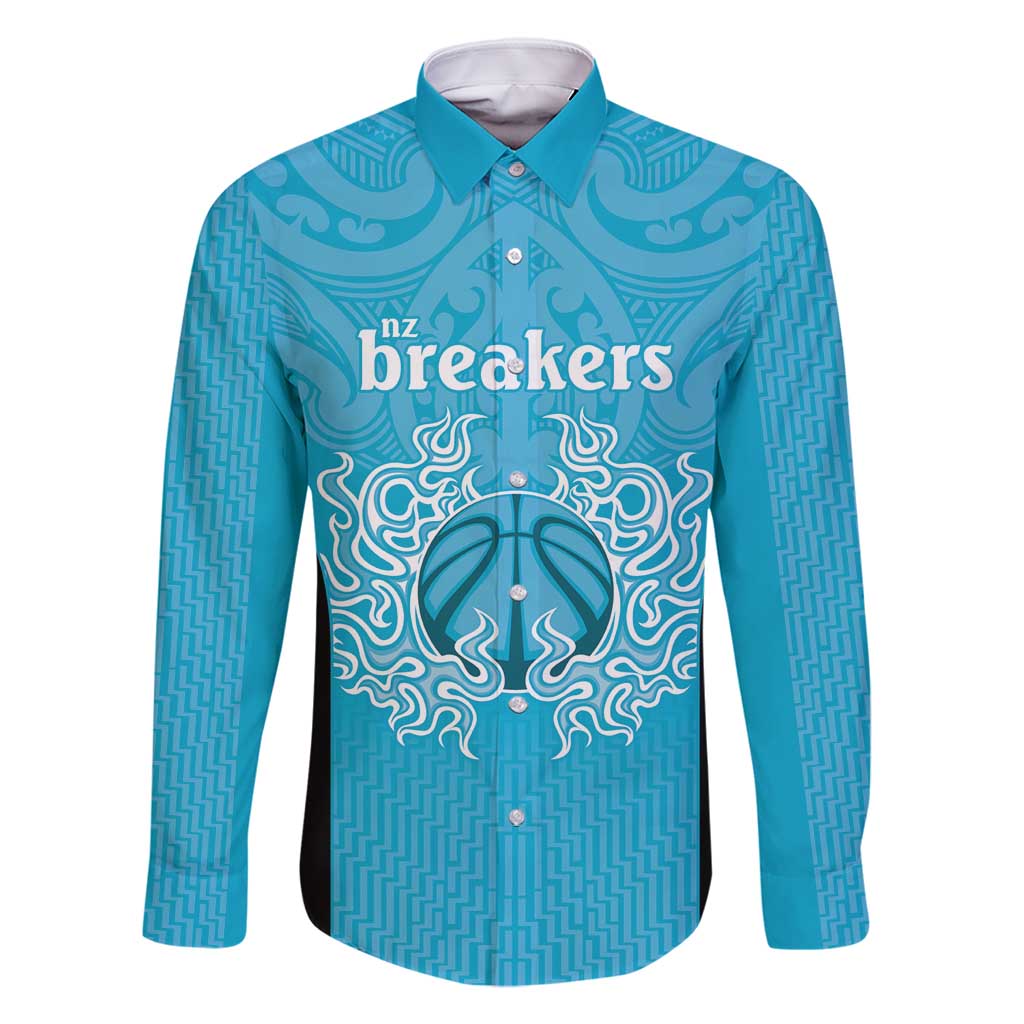 New Zealand Custom Family Matching Mermaid Dress and Hawaiian Shirt Fire Basketball Maori Tribal Sky Blue LT9 Dad's Shirt - Long Sleeve Blue - Polynesian Pride