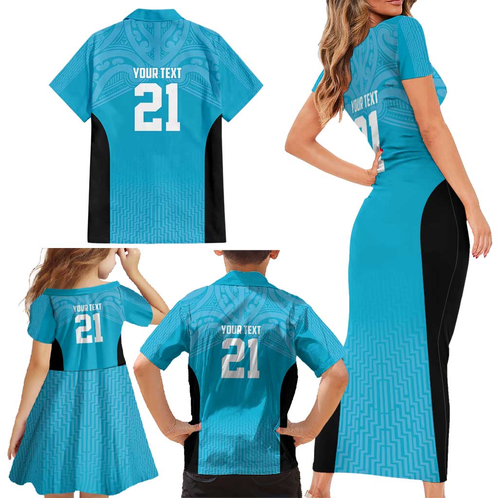 New Zealand Custom Family Matching Short Sleeve Bodycon Dress and Hawaiian Shirt Fire Basketball Maori Tribal Sky Blue LT9 - Polynesian Pride