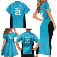 New Zealand Custom Family Matching Short Sleeve Bodycon Dress and Hawaiian Shirt Fire Basketball Maori Tribal Sky Blue LT9 - Polynesian Pride