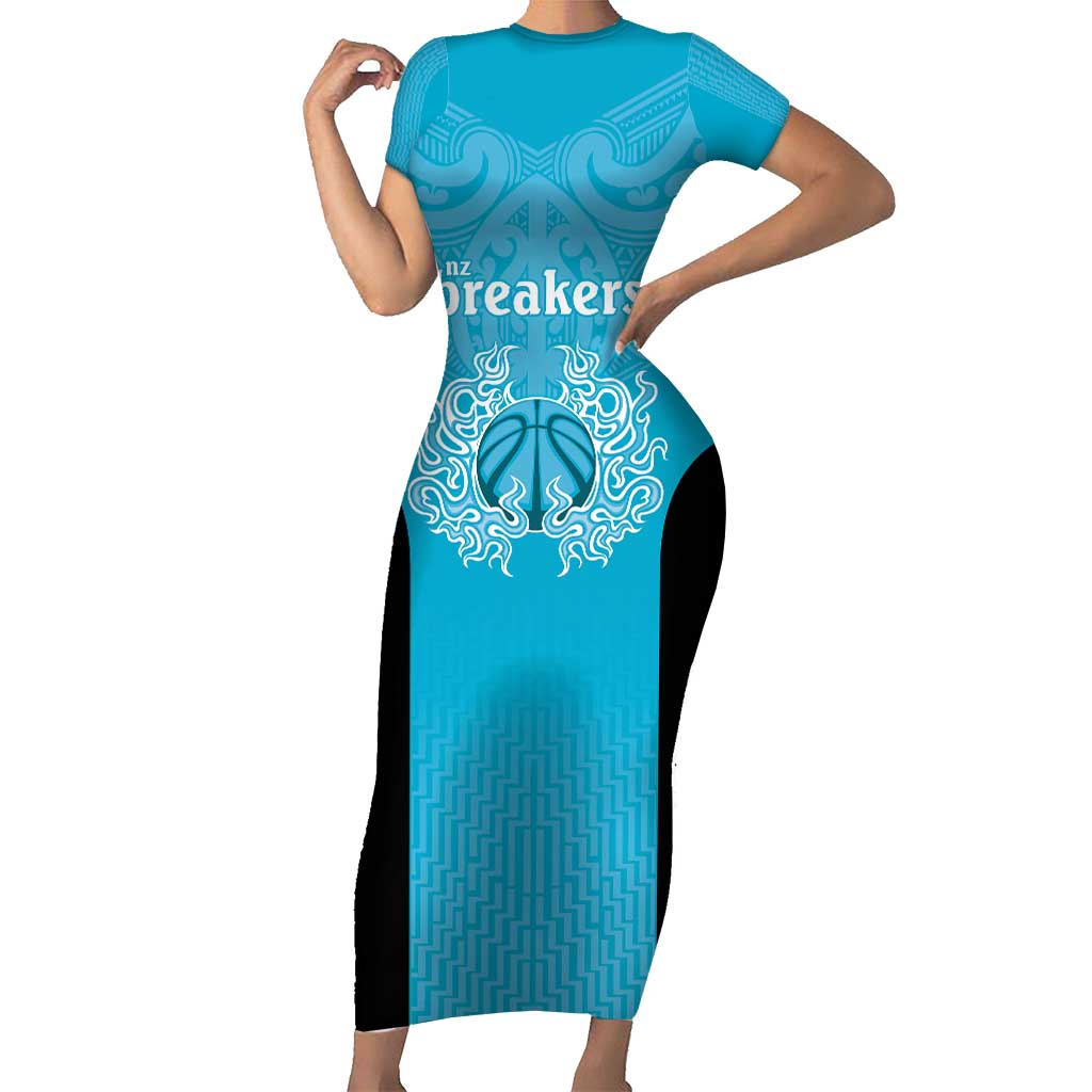 New Zealand Custom Family Matching Short Sleeve Bodycon Dress and Hawaiian Shirt Fire Basketball Maori Tribal Sky Blue LT9 Mom's Dress Blue - Polynesian Pride
