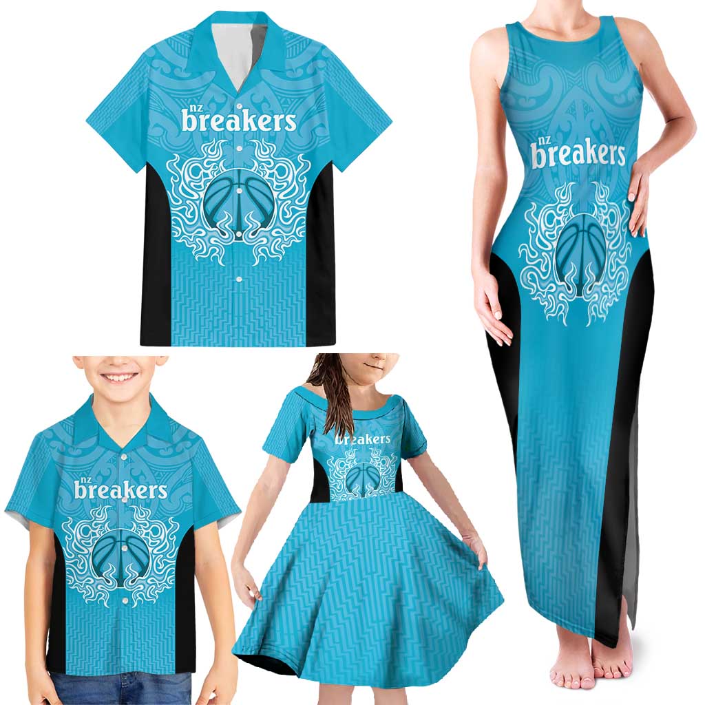 New Zealand Custom Family Matching Tank Maxi Dress and Hawaiian Shirt Fire Basketball Maori Tribal Sky Blue - Polynesian Pride