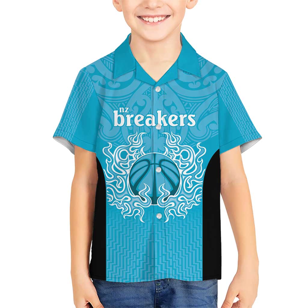 New Zealand Custom Kid Hawaiian Shirt Fire Basketball Maori Tribal Sky Blue - Polynesian Pride