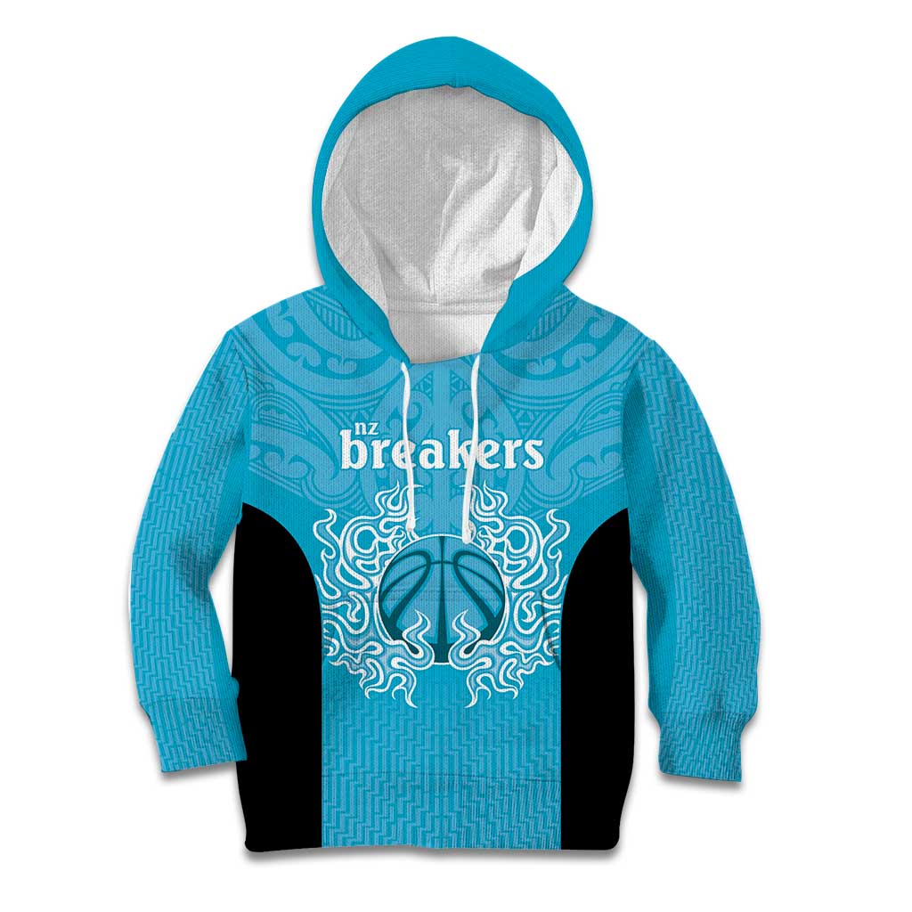 New Zealand Custom Kid Hoodie Fire Basketball Maori Tribal Sky Blue - Polynesian Pride