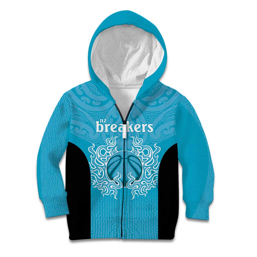 New Zealand Custom Kid Hoodie Fire Basketball Maori Tribal Sky Blue - Polynesian Pride