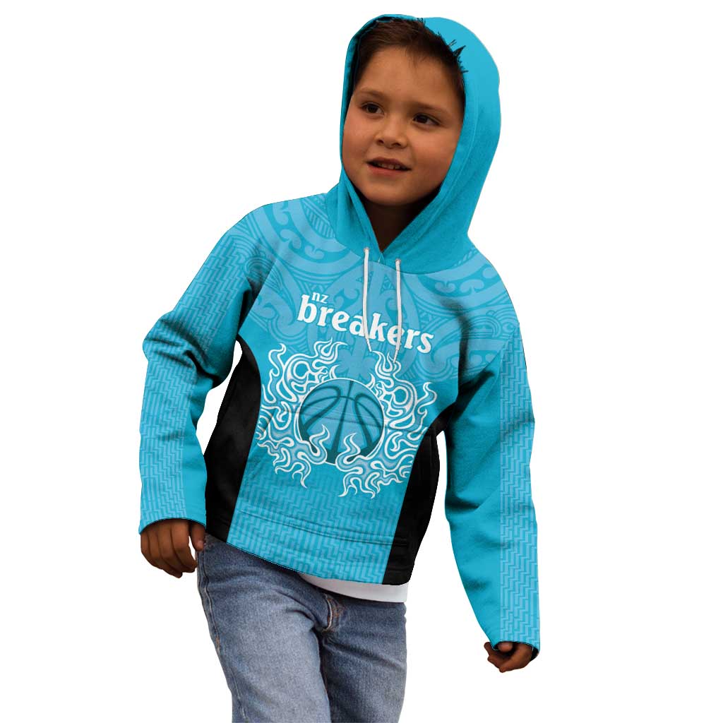 New Zealand Custom Kid Hoodie Fire Basketball Maori Tribal Sky Blue - Polynesian Pride