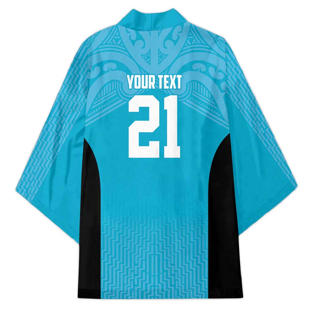 New Zealand Custom Kimono Fire Basketball Maori Tribal Sky Blue - Polynesian Pride