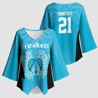 New Zealand Custom Kimono Sleeve Blouse Fire Basketball Maori Tribal Sky Blue - Polynesian Pride