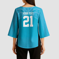 New Zealand Custom Kimono Sleeve Blouse Fire Basketball Maori Tribal Sky Blue - Polynesian Pride