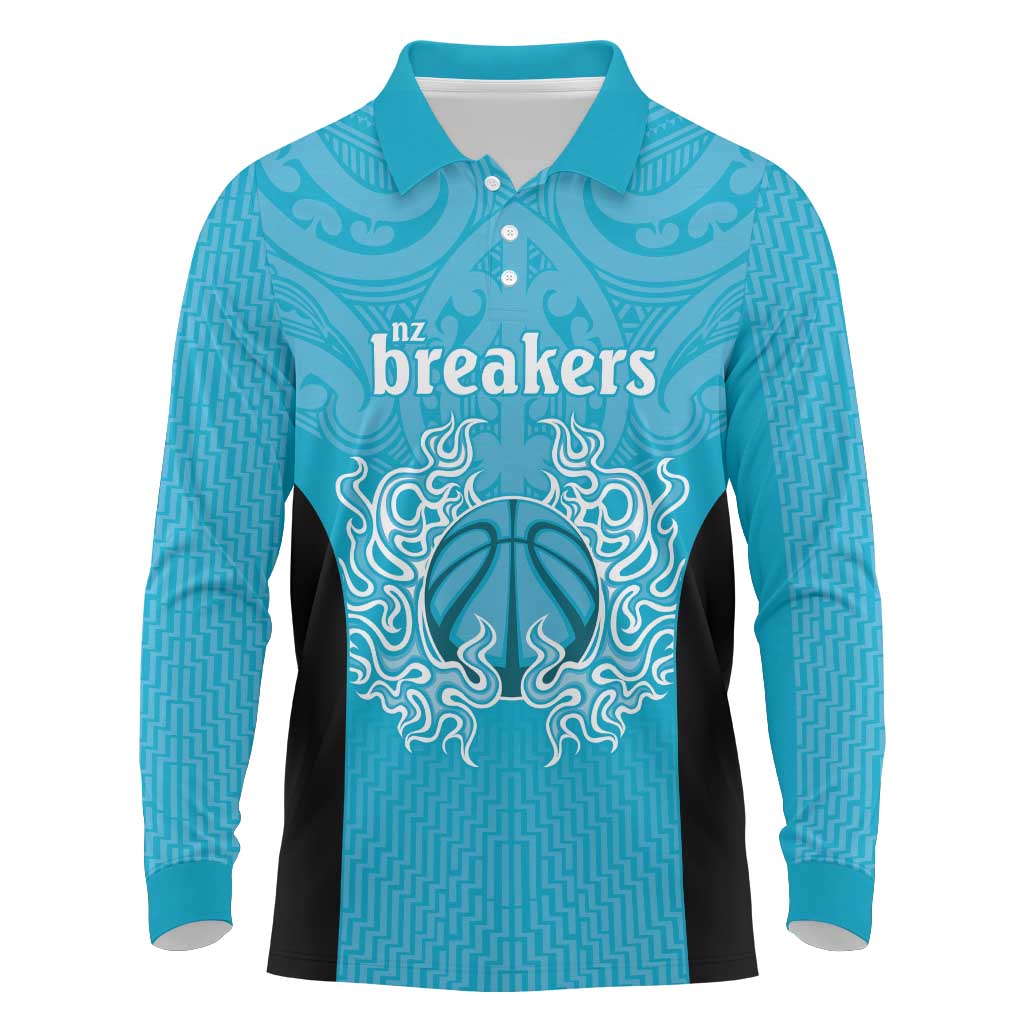 New Zealand Custom Long Sleeve Polo Shirt Fire Basketball Maori Tribal Sky Blue - Polynesian Pride