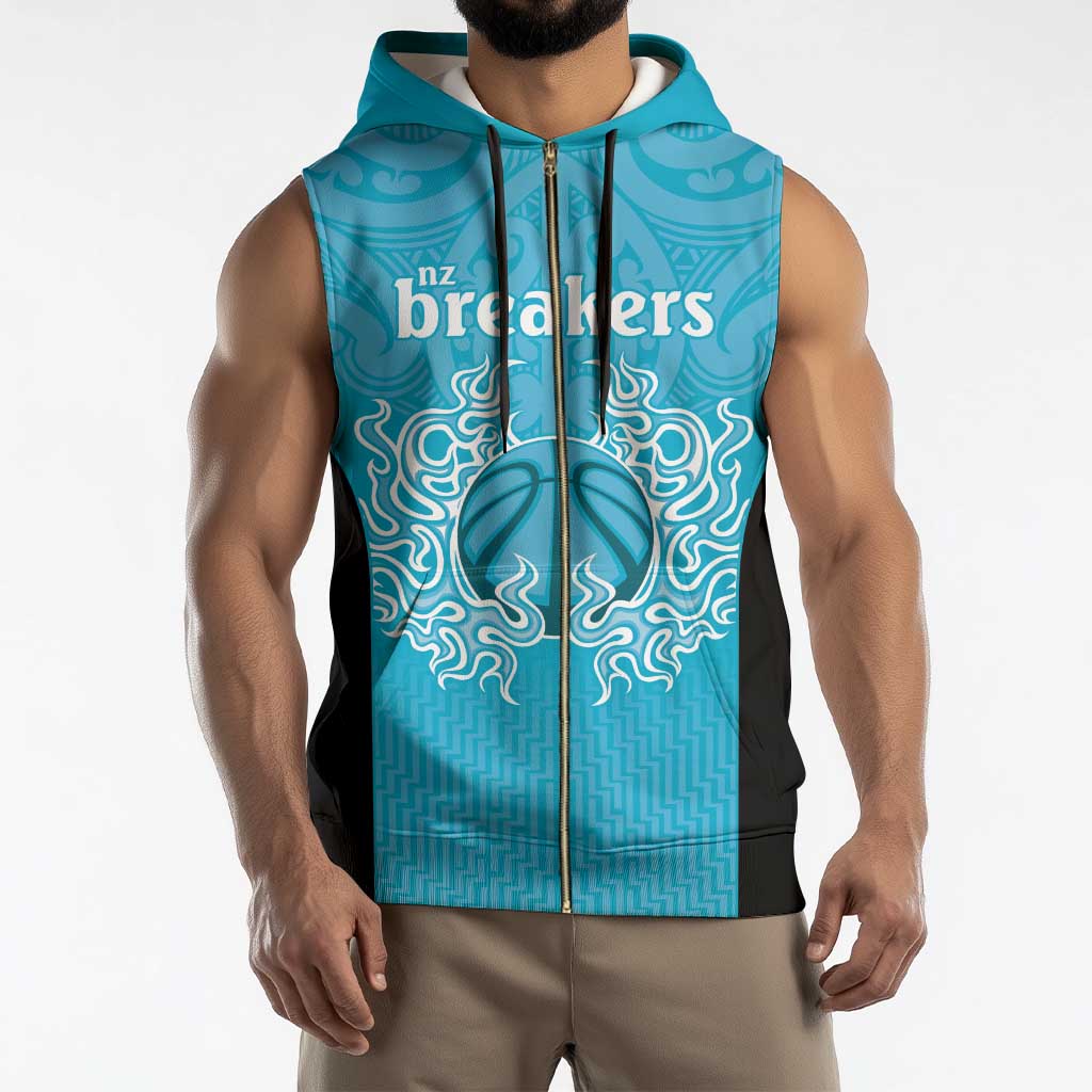 New Zealand Custom Sleeveless Zip Hoodie Fire Basketball Maori Tribal Sky Blue - Polynesian Pride