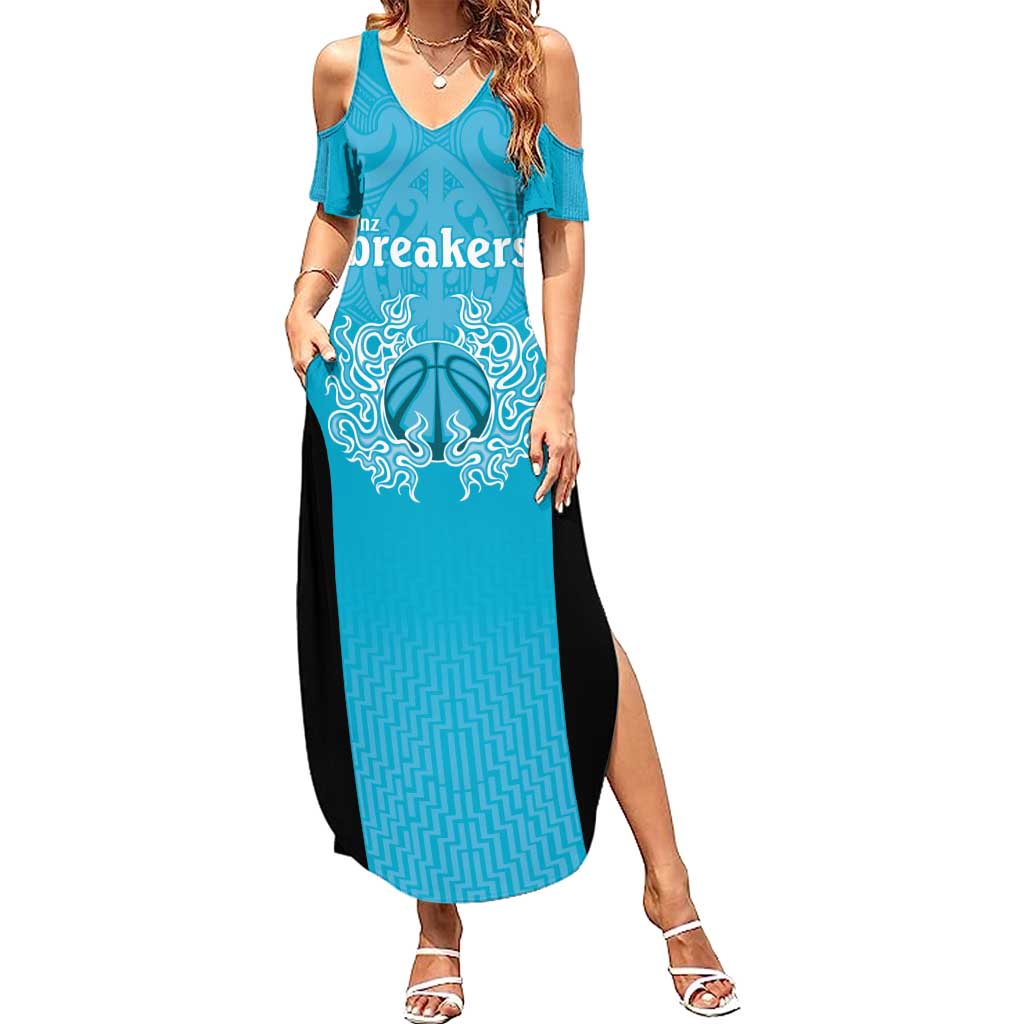 New Zealand Custom Summer Maxi Dress Fire Basketball Maori Tribal Sky Blue - Polynesian Pride