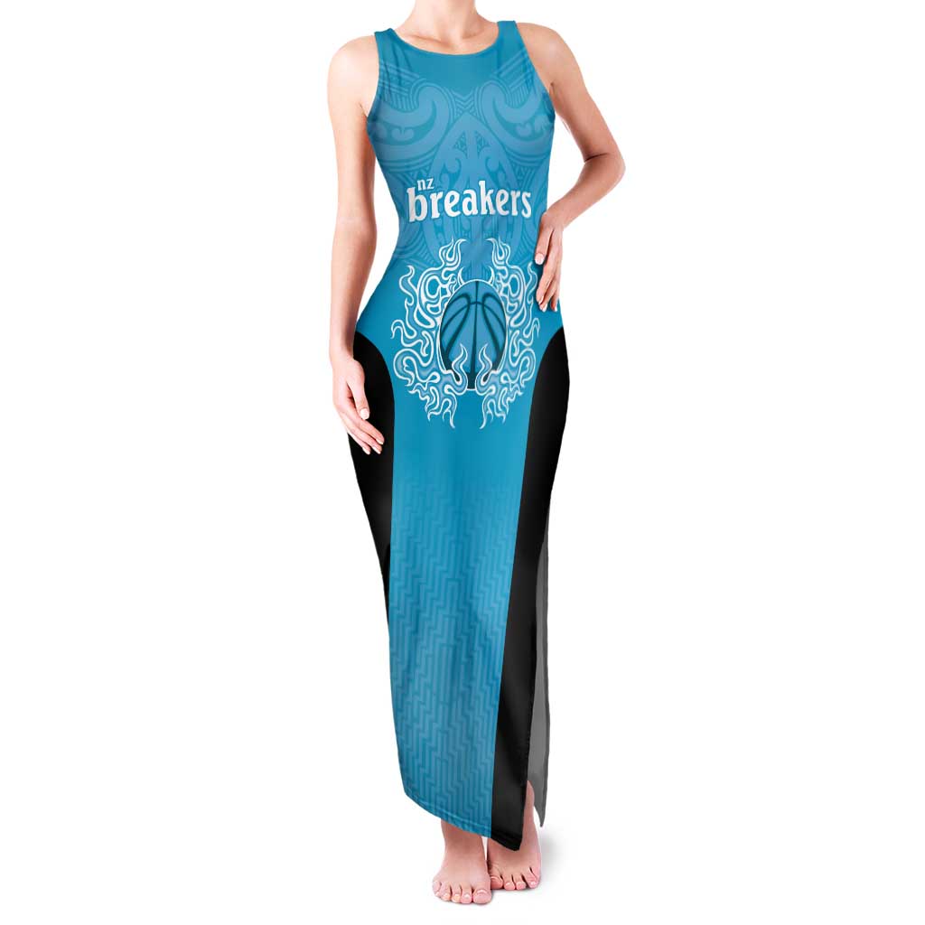 New Zealand Custom Tank Maxi Dress Fire Basketball Maori Tribal Sky Blue - Polynesian Pride