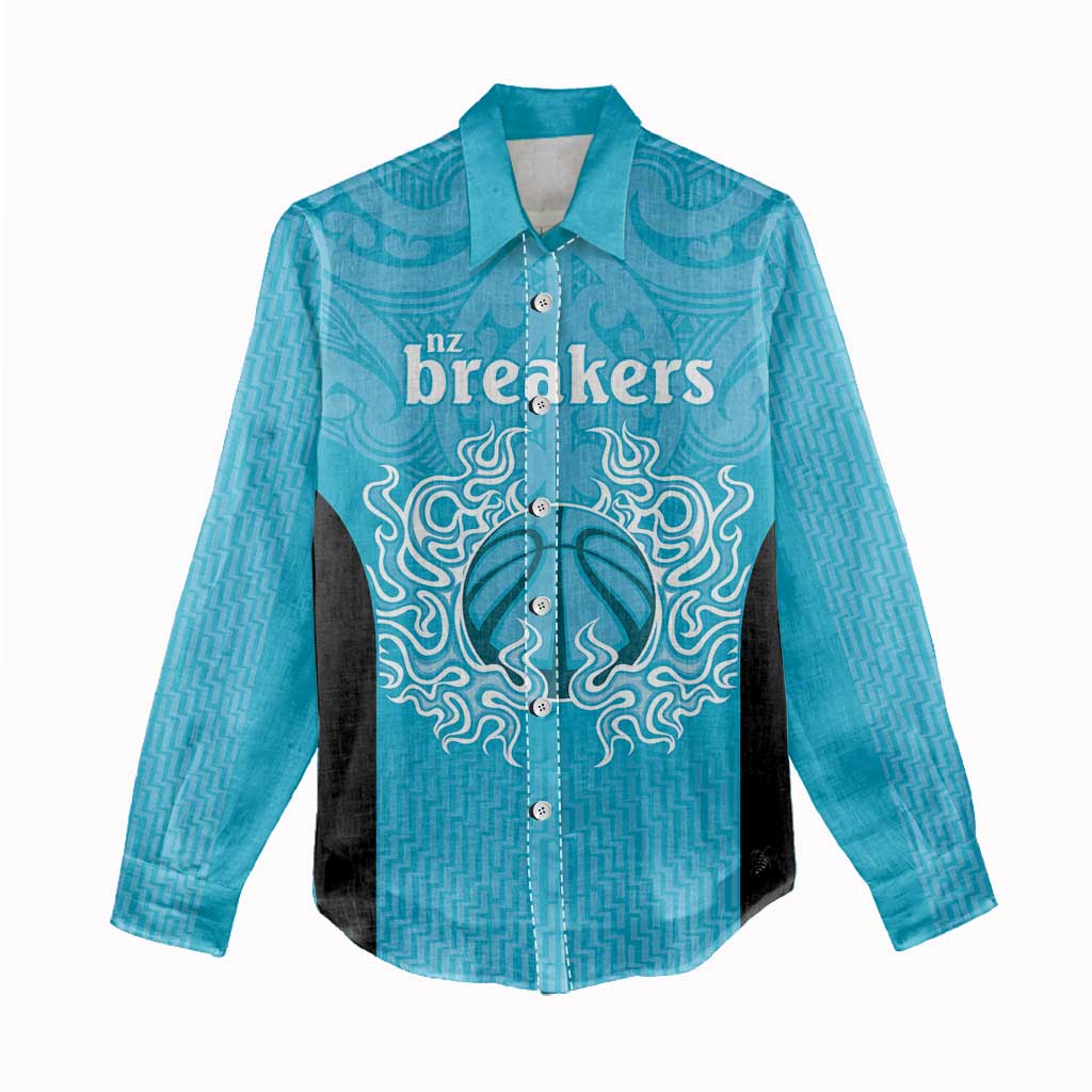 New Zealand Custom Women Casual Shirt Fire Basketball Maori Tribal Sky Blue - Polynesian Pride