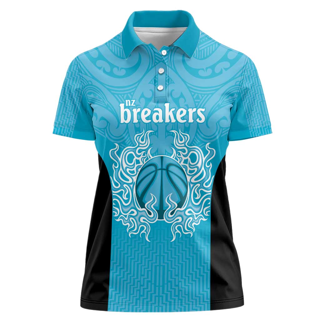 New Zealand Custom Women Polo Shirt Fire Basketball Maori Tribal Sky Blue - Polynesian Pride