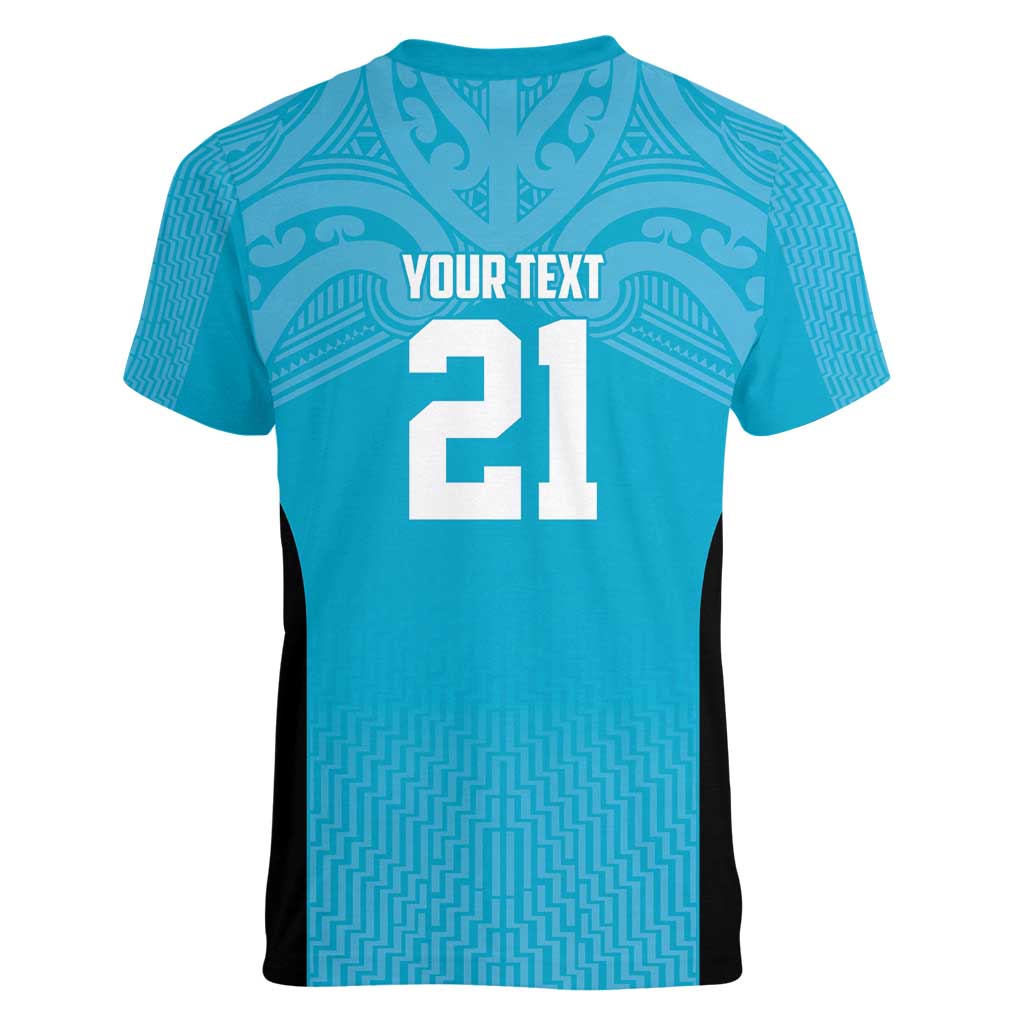 New Zealand Custom Women V-Neck T-Shirt Fire Basketball Maori Tribal Sky Blue - Polynesian Pride