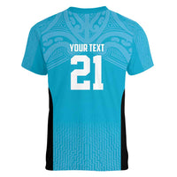 New Zealand Custom Women V-Neck T-Shirt Fire Basketball Maori Tribal Sky Blue - Polynesian Pride