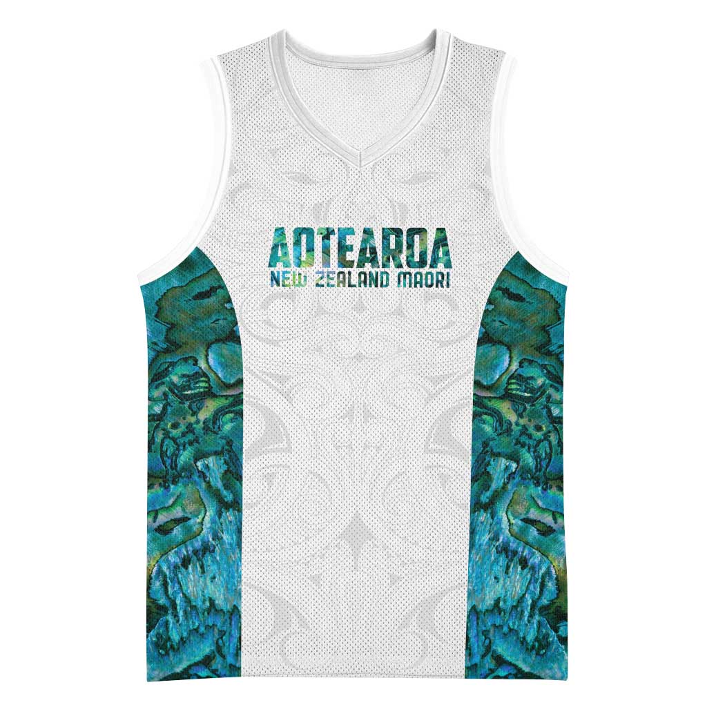 Custom New Zealand Aotearoa Basketball Jersey Green Maori Paua Shell Indigenous - Polynesian Pride