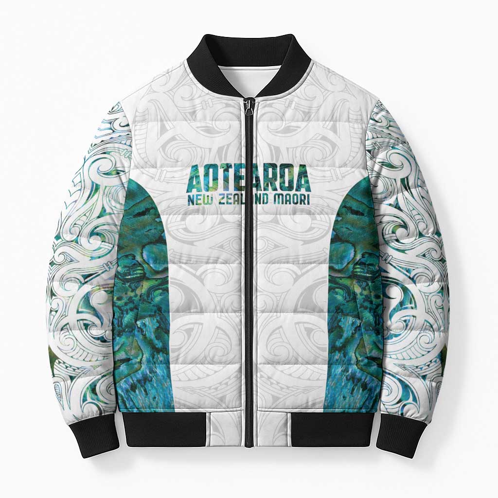 Custom New Zealand Aotearoa Bomber Puffer Jacket Green Maori Paua Shell Indigenous - Polynesian Pride