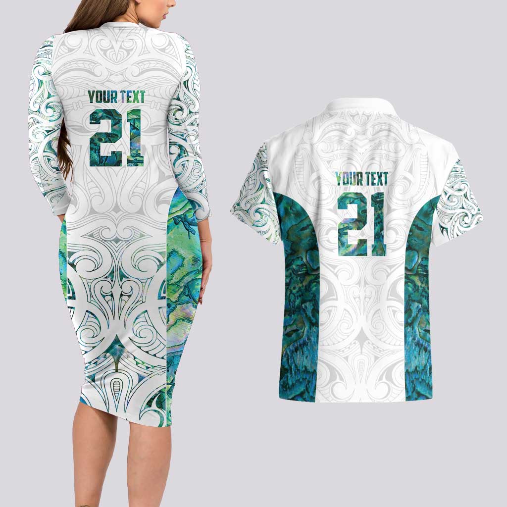 Custom New Zealand Aotearoa Couples Matching Long Sleeve Bodycon Dress and Hawaiian Shirt Green Maori Paua Shell Indigenous - Polynesian Pride