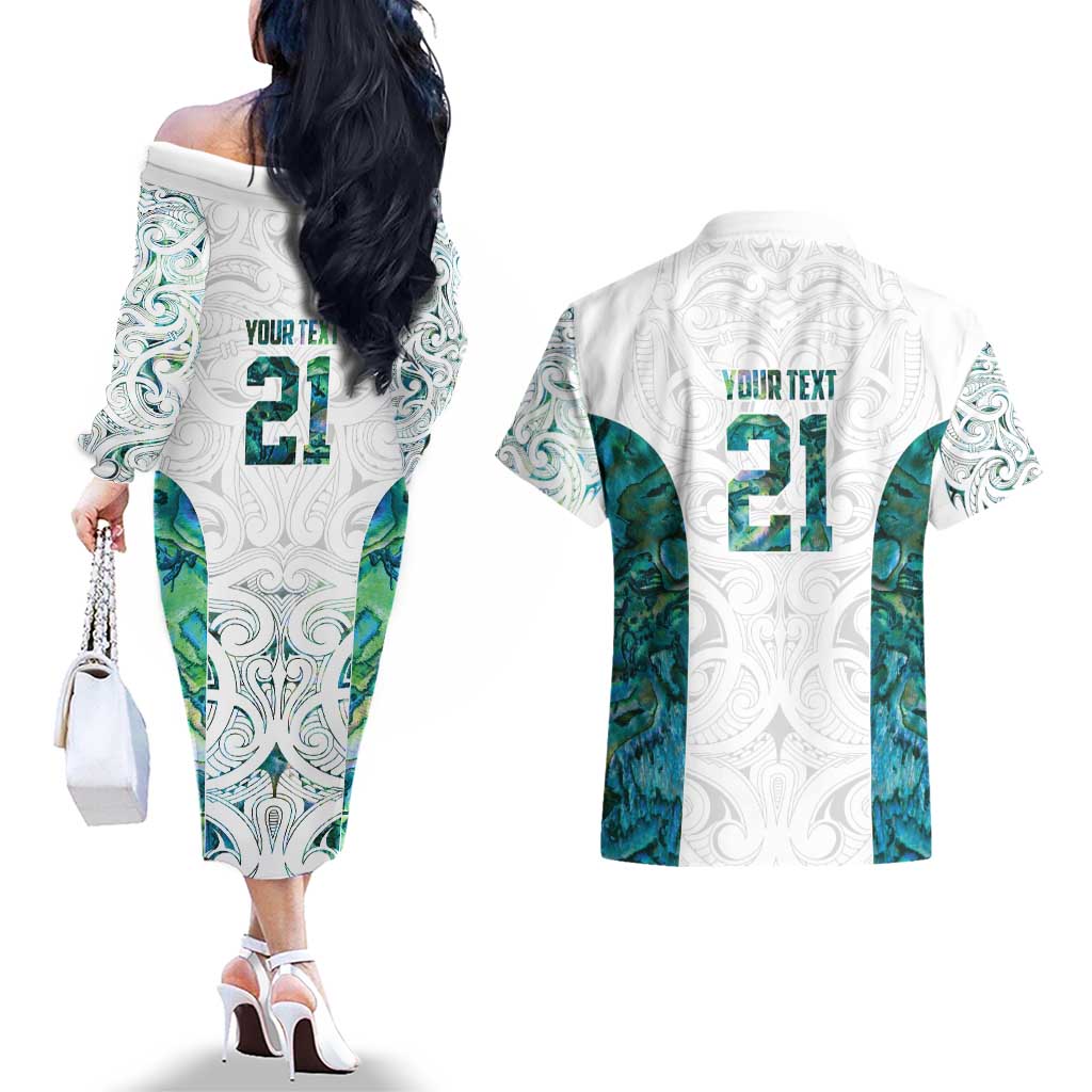 Custom New Zealand Aotearoa Couples Matching Off The Shoulder Long Sleeve Dress and Hawaiian Shirt Green Maori Paua Shell Indigenous - Polynesian Pride