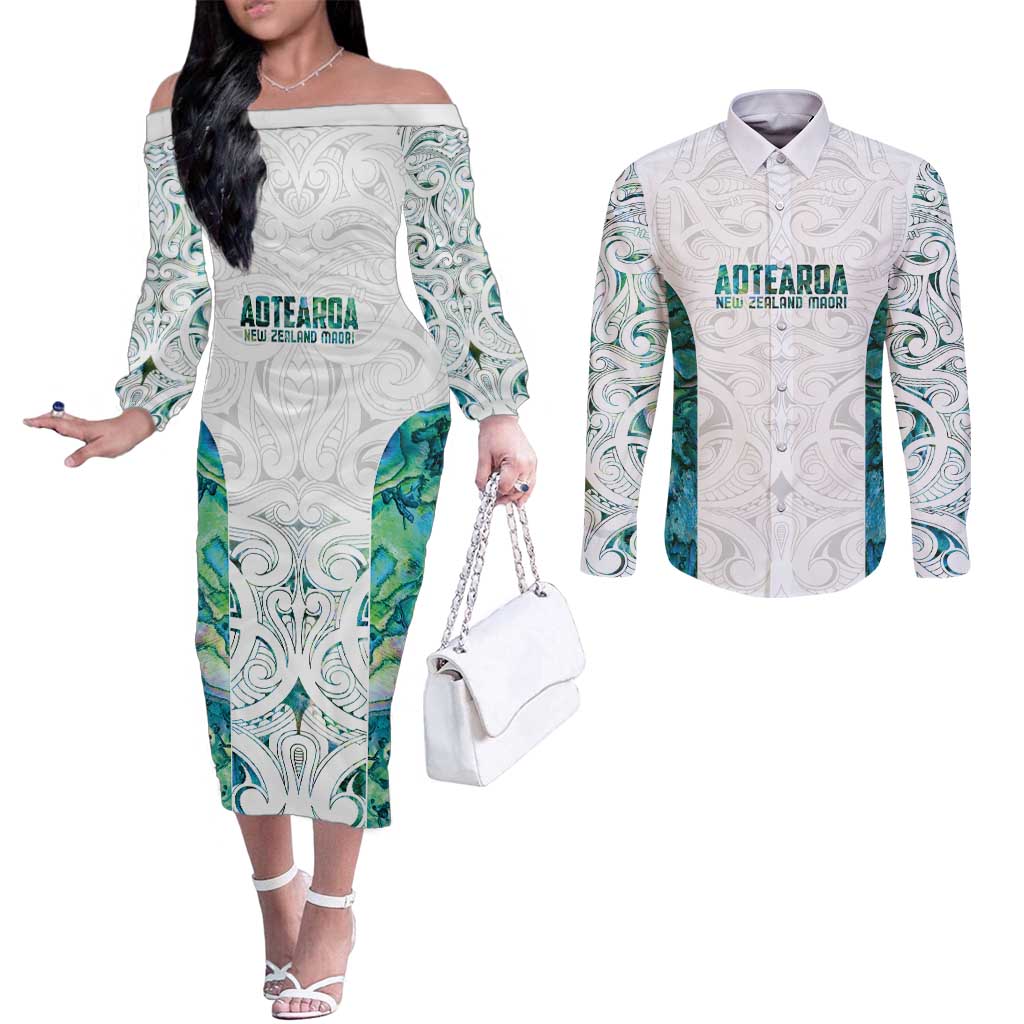 Custom New Zealand Aotearoa Couples Matching Off The Shoulder Long Sleeve Dress and Long Sleeve Button Shirt Green Maori Paua Shell Indigenous - Polynesian Pride