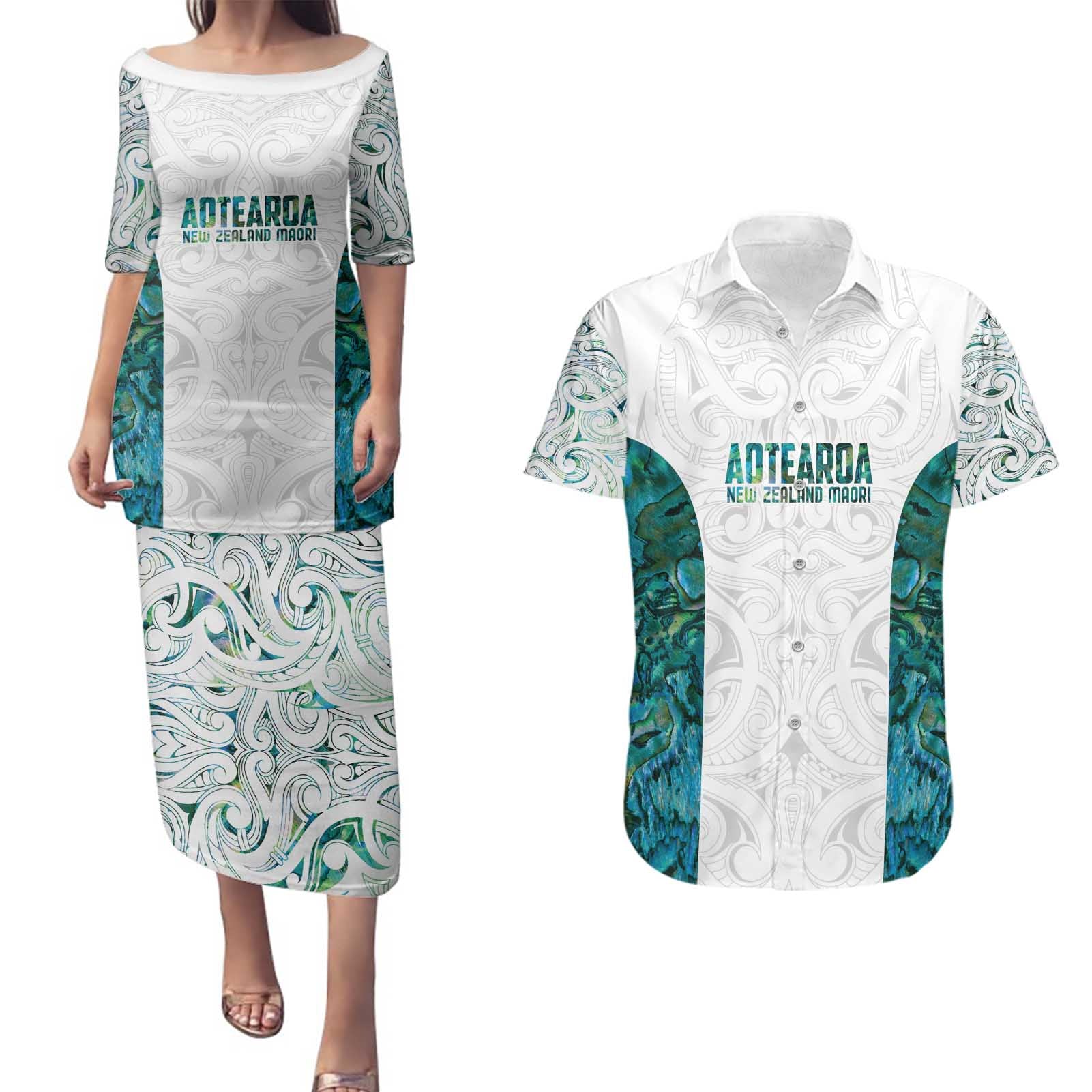 Custom New Zealand Aotearoa Couples Matching Puletasi and Hawaiian Shirt Green Maori Paua Shell Indigenous - Polynesian Pride