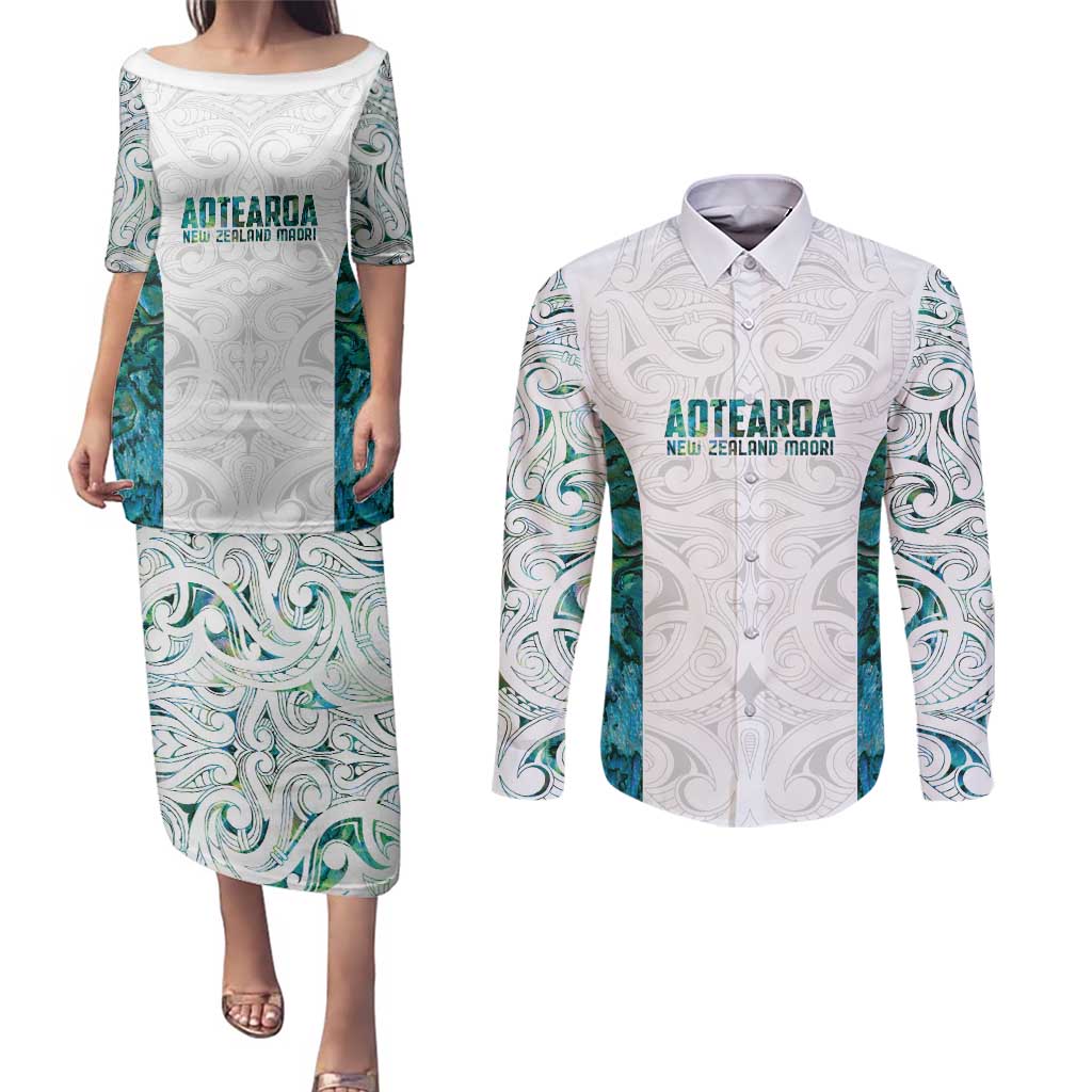 Custom New Zealand Aotearoa Couples Matching Puletasi and Long Sleeve Button Shirt Green Maori Paua Shell Indigenous - Polynesian Pride