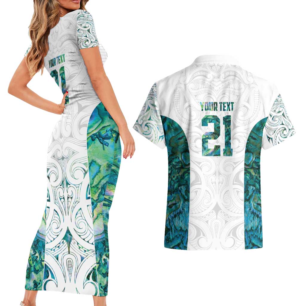 Custom New Zealand Aotearoa Couples Matching Short Sleeve Bodycon Dress and Hawaiian Shirt Green Maori Paua Shell Indigenous - Polynesian Pride