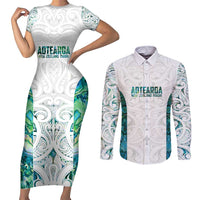 Custom New Zealand Aotearoa Couples Matching Short Sleeve Bodycon Dress and Long Sleeve Button Shirt Green Maori Paua Shell Indigenous - Polynesian Pride