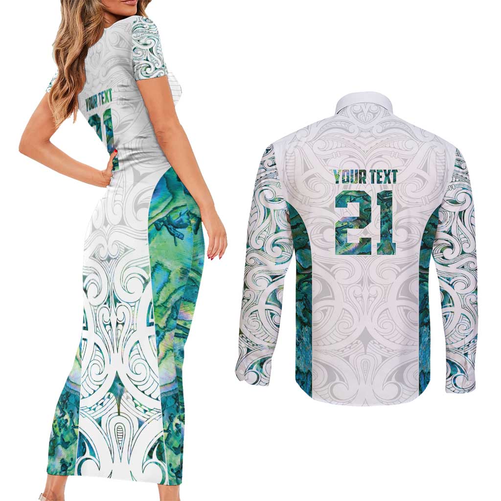 Custom New Zealand Aotearoa Couples Matching Short Sleeve Bodycon Dress and Long Sleeve Button Shirt Green Maori Paua Shell Indigenous - Polynesian Pride