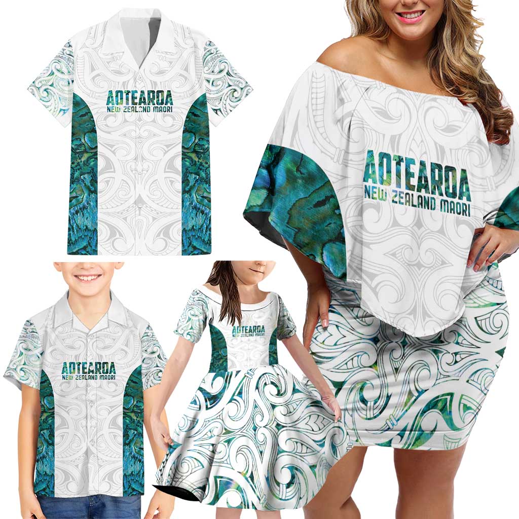 Custom New Zealand Aotearoa Family Matching Off Shoulder Short Dress and Hawaiian Shirt Green Maori Paua Shell Indigenous - Polynesian Pride