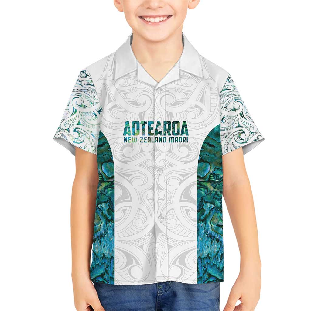 Custom New Zealand Aotearoa Family Matching Off Shoulder Short Dress and Hawaiian Shirt Green Maori Paua Shell Indigenous - Polynesian Pride