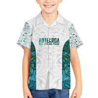 Custom New Zealand Aotearoa Family Matching Off Shoulder Short Dress and Hawaiian Shirt Green Maori Paua Shell Indigenous - Polynesian Pride