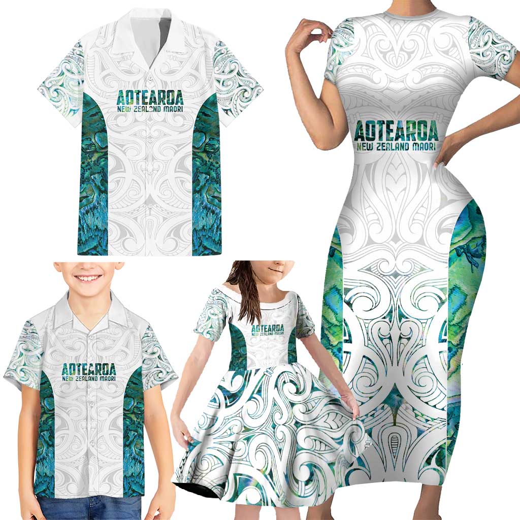 Custom New Zealand Aotearoa Family Matching Short Sleeve Bodycon Dress and Hawaiian Shirt Green Maori Paua Shell Indigenous - Polynesian Pride