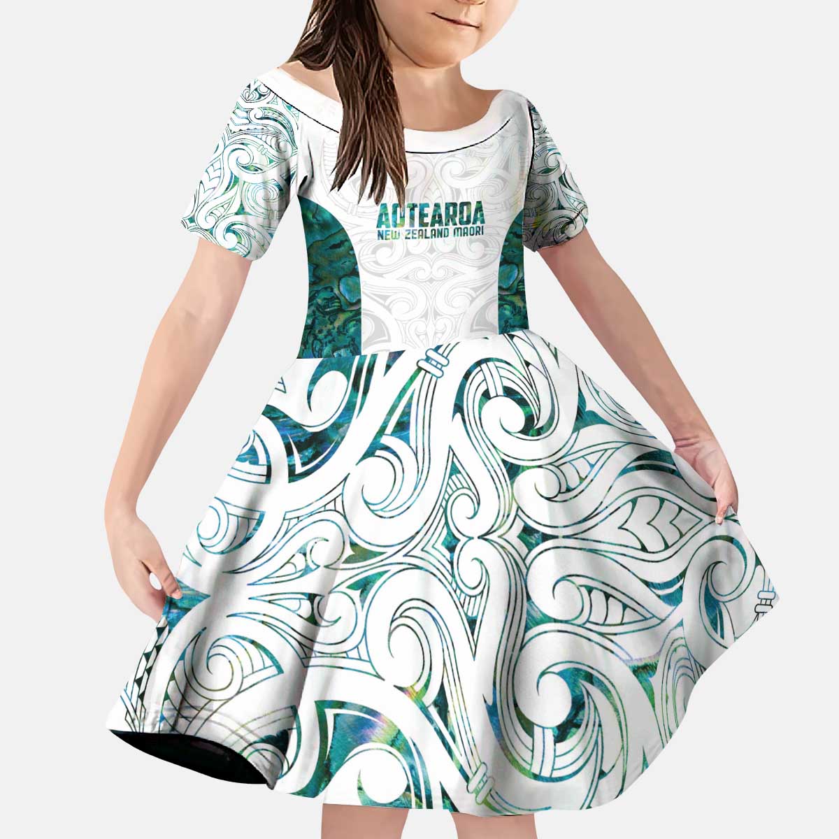 Custom New Zealand Aotearoa Kid Short Sleeve Dress Green Maori Paua Shell Indigenous - Polynesian Pride