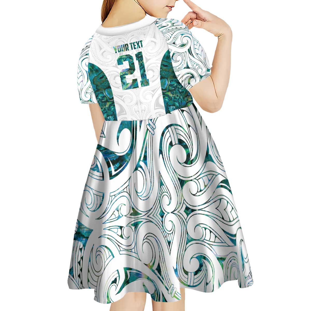 Custom New Zealand Aotearoa Kid Short Sleeve Dress Green Maori Paua Shell Indigenous - Polynesian Pride