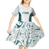 Custom New Zealand Aotearoa Kid Short Sleeve Dress Green Maori Paua Shell Indigenous - Polynesian Pride