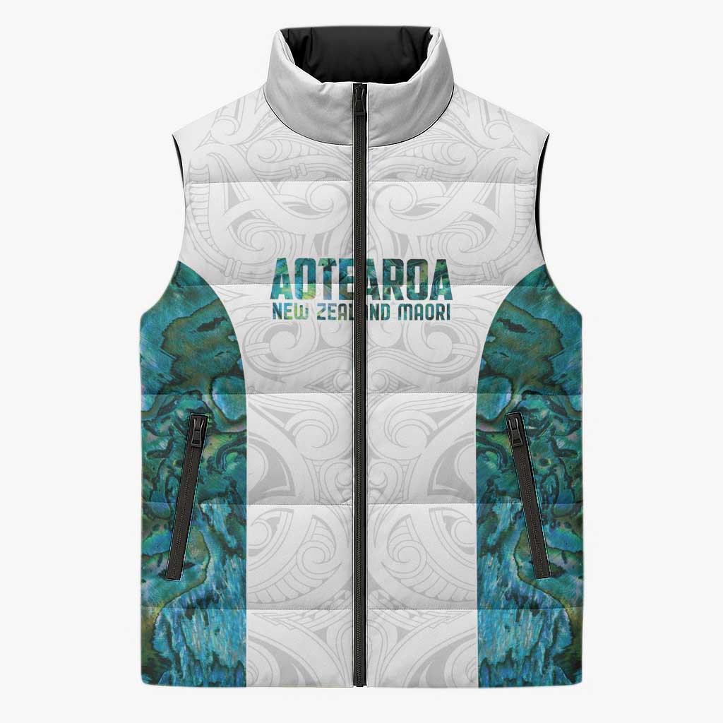 Custom New Zealand Aotearoa Sleeveless Puffer Jacket Green Maori Paua Shell Indigenous - Polynesian Pride