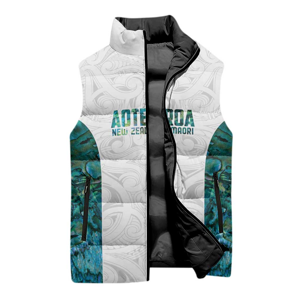 Custom New Zealand Aotearoa Sleeveless Puffer Jacket Green Maori Paua Shell Indigenous - Polynesian Pride