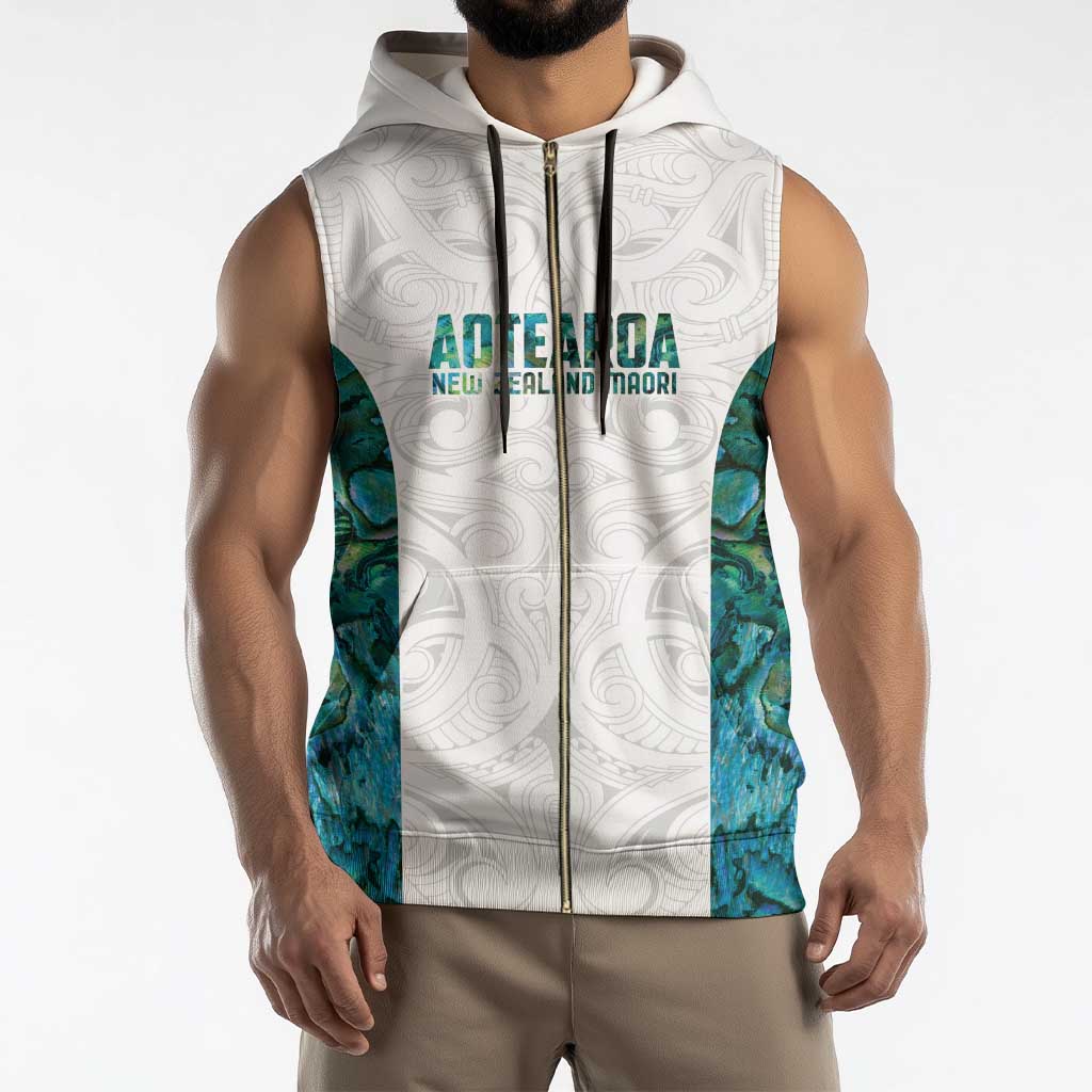 Custom New Zealand Aotearoa Sleeveless Zip Hoodie Green Maori Paua Shell Indigenous - Polynesian Pride