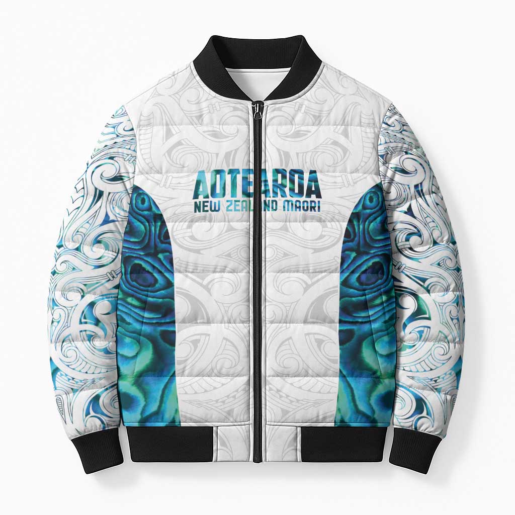 Custom New Zealand Aotearoa Bomber Puffer Jacket Maori Paua Shell Indigenous - Polynesian Pride