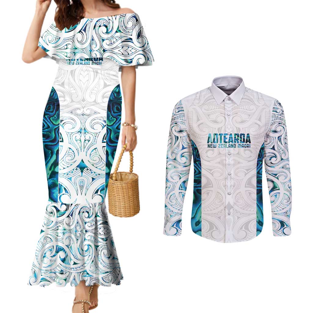 Custom New Zealand Aotearoa Couples Matching Mermaid Dress and Long Sleeve Button Shirt Maori Paua Shell Indigenous - Polynesian Pride