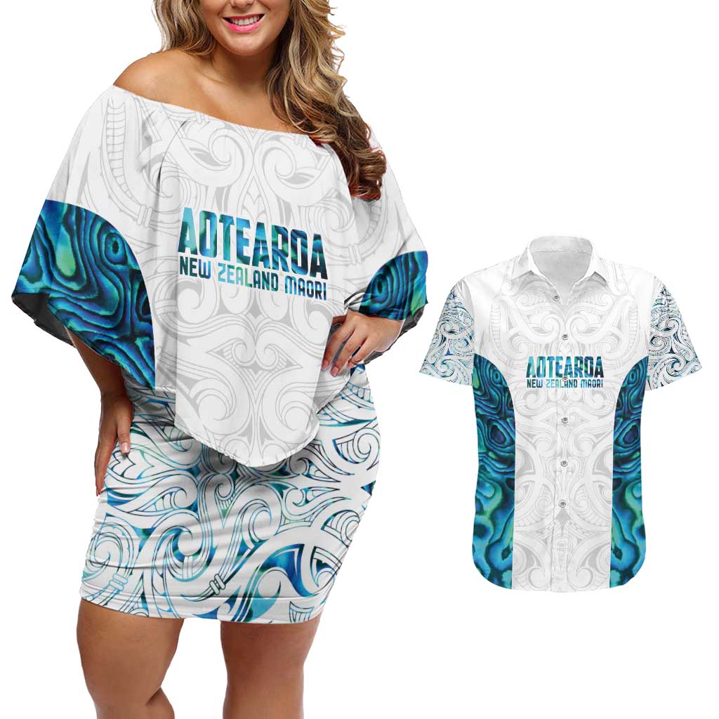 Custom New Zealand Aotearoa Couples Matching Off Shoulder Short Dress and Hawaiian Shirt Maori Paua Shell Indigenous - Polynesian Pride